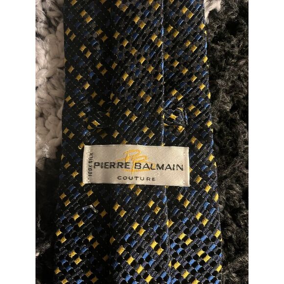 Designer PIERRE BALMAIN Silk Tie - Blue & Yellow Print - Hand Made Italy Necktie - Picture 4 of 4